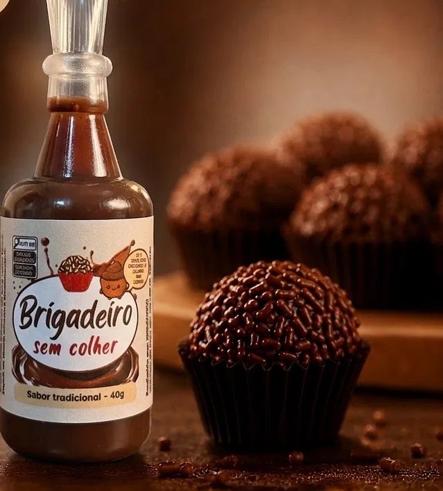 Bisnaga de Brigadeiro sem Colher sabor tradicional, ao lado de brigadeiros artesanais e chocolate